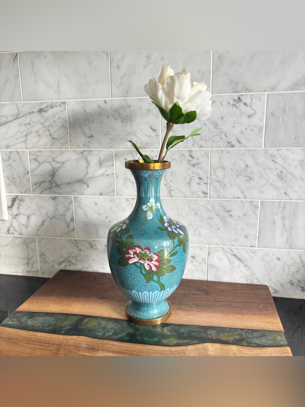 Vintage Enamel Brass Cloisonné Vase with Flowers